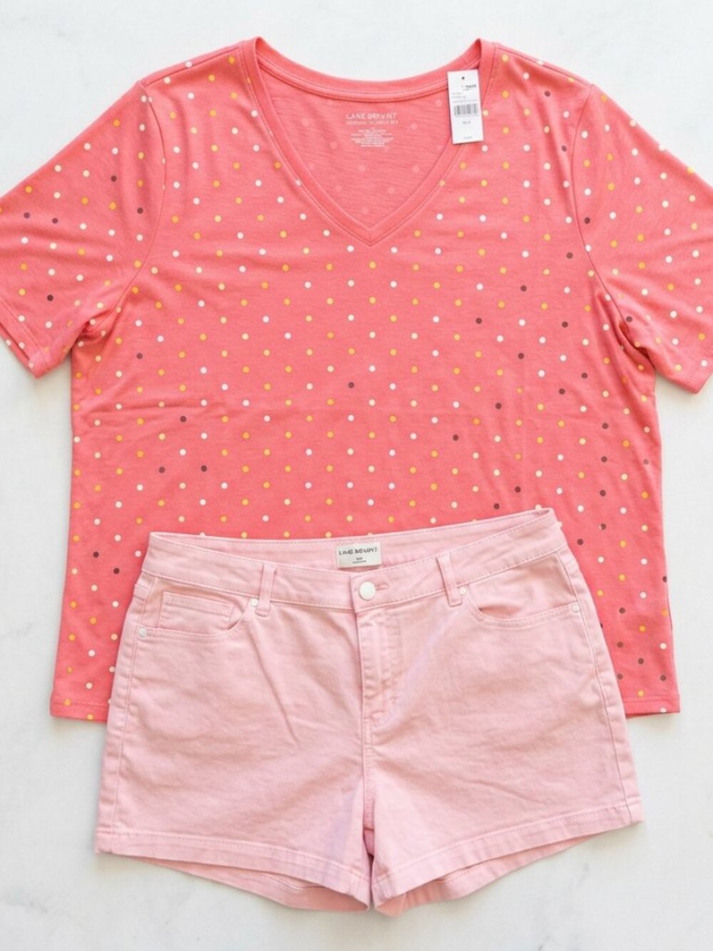 Lane Bryant Plus Size NWT Pink Denim Shorts 22 & Polka Dot V-Neck Tee Set 22/24